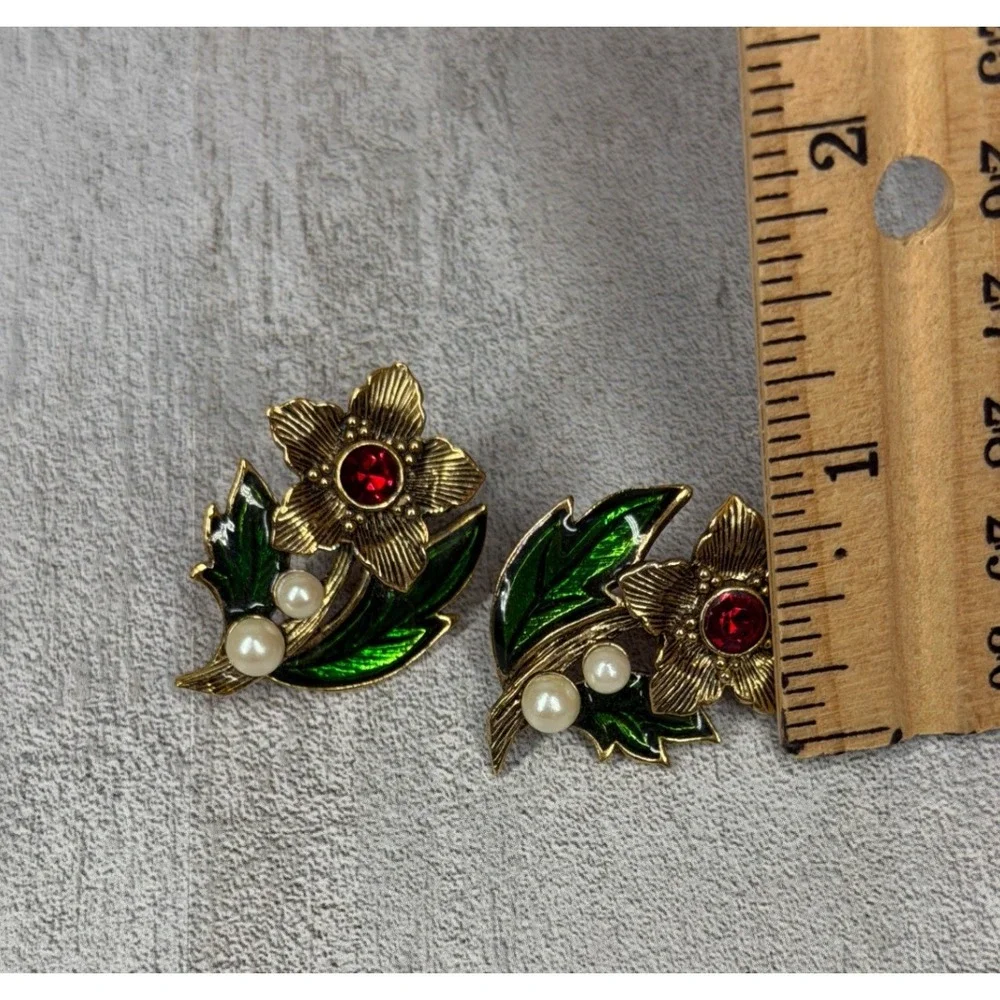 Vintage AVON Floral Brooch Earrings Set Gold Silver Tone Red Rhinestone Enamel